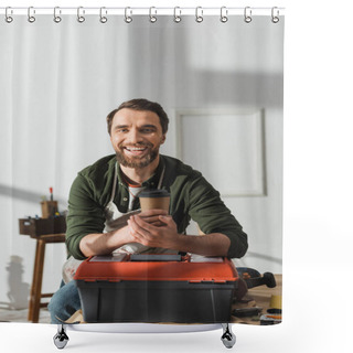 Personality  Smiling Carpenter In Apron Holding Coffee To Go Near Toolbox In Workshop  Shower Curtains