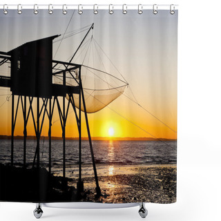 Personality  Pier With Fishing Net During Sunrise, Gironde Department, Aquita Shower Curtains