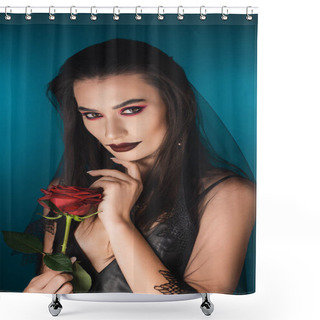Personality  Mysterious Young Woman With Black Veil And Makeup Holding Red Rose On Blue Shower Curtains