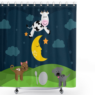 Personality  Hey Diddle Diddle Nursery Rhyme Landscape With Cow Jumping Over The Moon Shower Curtains