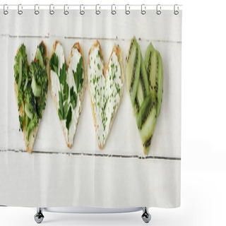 Personality  Top View Of Heart Shaped Canape With Creamy Cheese, Microgreen, Parsley And Kiwi On White Wooden Surface, Panoramic Crop Shower Curtains
