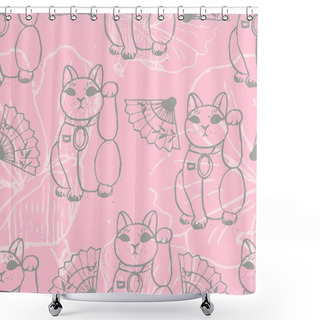 Personality  Treasures From Japan. Hand Drawn Seamless Vector Pattern With Cute Traditional Objects. Shower Curtains