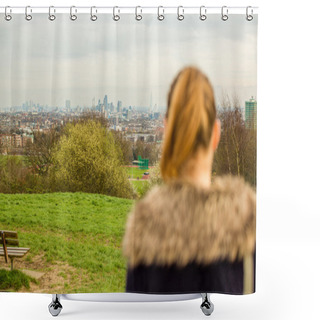 Personality  Woman Looking Out Over Countryside To A Town Shower Curtains