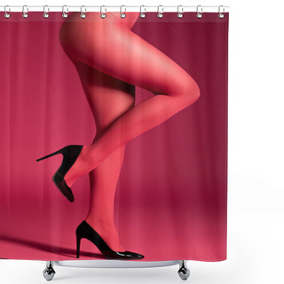 Personality  Woman Posing In Red Pantyhose And Heel Shoes On Red Background Shower Curtains
