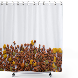 Personality  Flat Lay Of Crunchy Dry Pet Food Isolated On White With Copy Space Shower Curtains