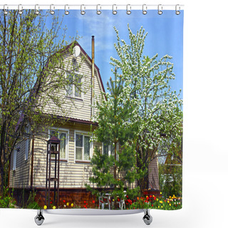 Personality  Garden House Surrounded By Blossoming Trees Shower Curtains