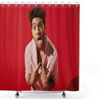 Personality  Funny African American Man Pulling Pink Hoodie And Sticking Out Tongue While On Red Background Shower Curtains
