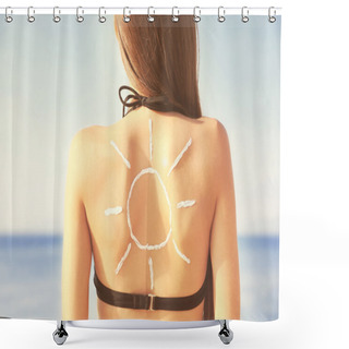 Personality  Woman With Sunscreen In Sun Shape On Back. Skin Care Concept. Shower Curtains