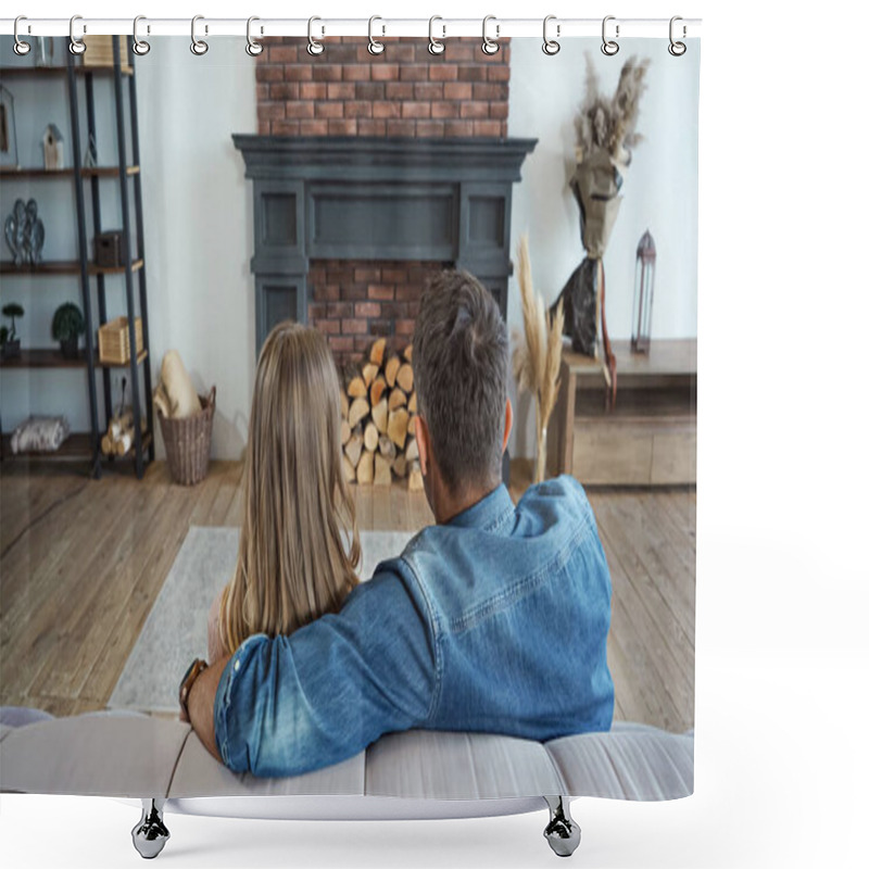 Personality  Back view of husband embracing wife near fireplace on blurred background at home  shower curtains