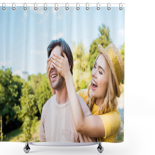 Personality  Side View Of Happy Woman Covering Boyfriends Eyes In Park On Summer Day Shower Curtains