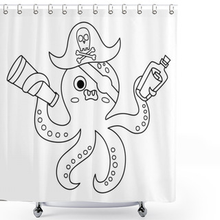 Personality  Black And White Vector Pirate Octopus Icon. Cute Line Sea Animal Illustration. One Eye Treasure Island Hunter With Eye Patch, Telescope And Bottle With Map. Funny Pirate Party Or Coloring Pag Shower Curtains