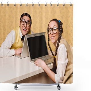 Personality  Young Nerds Sitting At The Desk With Computers Shower Curtains