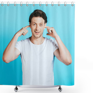 Personality  Man In White T-shirt Covering Ears With Fingers On Blue Background Shower Curtains