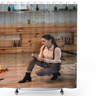 Personality  Female Detective Sitting And Taking Notes On A Crime Scene Shower Curtains