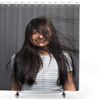 Personality  Wind Blowing Through Hair Of Brunette Woman Isolated On Black Shower Curtains