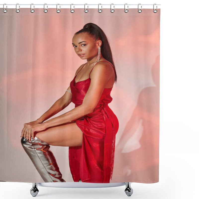 Personality  Charming African American Woman In Red Midi Dress And Silver Boots Posing On Grey With Lighting Shower Curtains