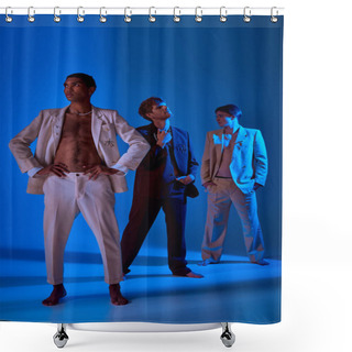 Personality  Vertical Shot Of African American Man In Unbuttoned Suit With Other Male Models Posing On Backdrop Shower Curtains