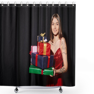 Personality  Cheerful Young Woman Holding Presents And Smiling At Camera With Curtains Backdrop, Holiday Gifts Shower Curtains