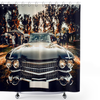 Personality  Close-up Wide-angled Photo Of Black Vintage Retro Car With Shining Chrome Radiator Grille, Bumper And Headlamps Shower Curtains