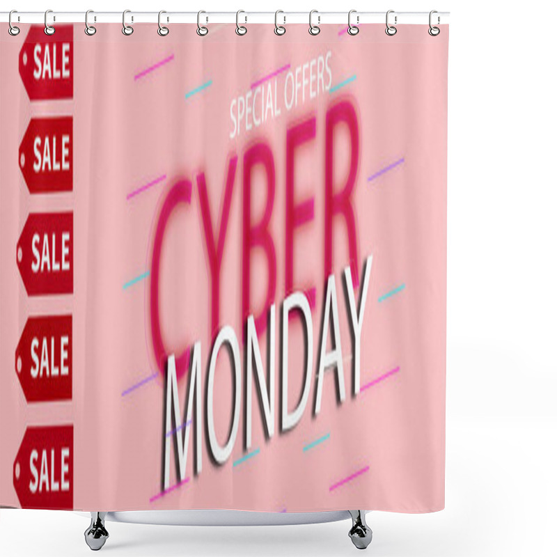 Personality  Labels With Sale Near Special Offers, Cyber Monday Lettering On Pink, Banner Shower Curtains