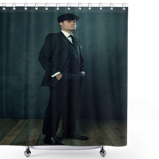 Personality  Vintage Man In Dark Striped Suit And A Cap Smoking A Cigarette In Front Of Dark Wall. Shower Curtains
