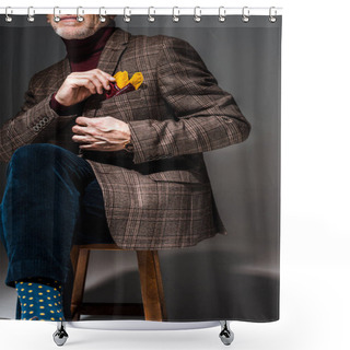 Personality  Cropped View Of Fashionable Mature Man Sitting On Chair And Touching Handkerchief On Grey  Shower Curtains