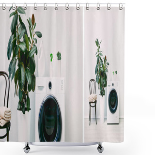 Personality  Collage Of Green Plants Near Detergent Bottles On Washing Machines Near Chairs With Towels  Shower Curtains