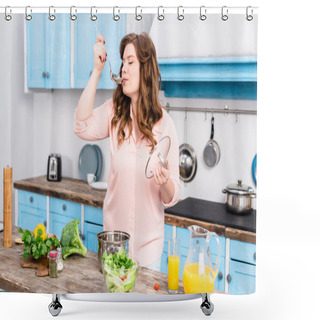 Personality  Portrait Of Young Overweight Woman Cooking Soup In Kitchen At Home Shower Curtains