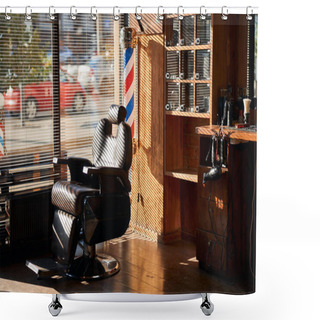 Personality  Interior Of Barbershop With Barber Chair And Hairdressing Tools Shower Curtains