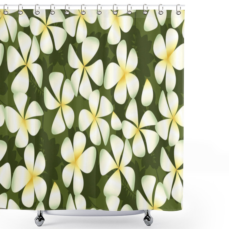 Personality  White Plumeria Flowers In Simple Elegant Style On Deep Green Leaves. Abstract Decorative Frangipani Floral Vector Illustration. Seamless Pattern. Repitable Motif Shower Curtains