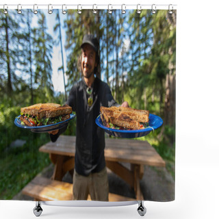 Personality  Happy Man With Food On Plates Shower Curtains