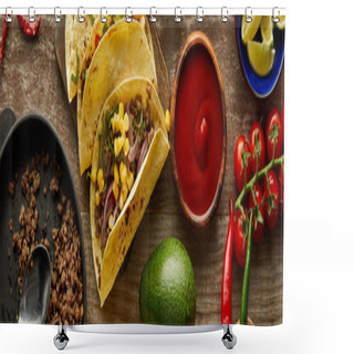 Personality  Top View Of Traditional Mexican Tacos With Ketchup And Ingredients On Wooden Surface, Panoramic Shot Shower Curtains