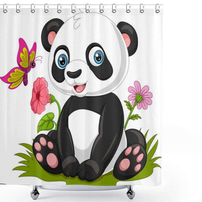 Personality  Vector Illustration Of Cartoon Little Panda Sitting In The Grass Shower Curtains
