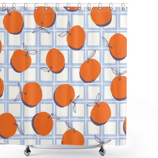 Personality  Whimsical Hand-drawn Doodle Oranges And Plaid Vector Seamless Pattern Background. Classic Summer Fruits Print Shower Curtains