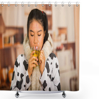 Personality  Portrait Of Young Girl With Skin Problem Drinking A Cup Of Te With A Grey Towel Around Her Neck Shower Curtains