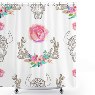 Personality  Doodle Bull Skull And Horns With Watercolor Flowers And Feathers Shower Curtains