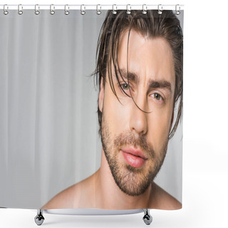 Personality  Portrait Of Pensive Handsome Shirtless Man Looking At Camera Isolated On Grey Shower Curtains