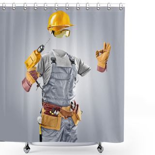 Personality  Invisible Worker In Helmet With Drill Shower Curtains