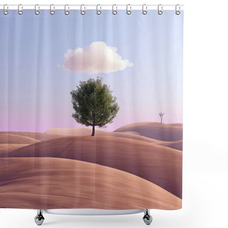 Personality  Nice Minimalism Art Poster. Pastel Colors. Lonely Green Tree In Desert. Concept Of Loneliness. Abstract Design 3d Illustration. Shower Curtains