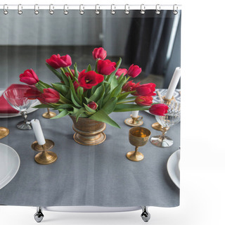 Personality  Close Up View Of Bouquet Of Red Tulips On Tabletop With Arranged Vintage Cutlery And Candles Shower Curtains