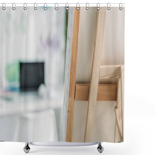 Personality  Selective Focus Of Wooden Easel With Fixed Canvas And Laptop With Blank Screen Shower Curtains