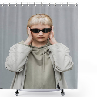 Personality  Stylish And Young Woman With Bangs And Blonde Hair Standing In Trendy Sunglasses And Comfortable Clothes While Looking At Camera Isolated On Grey Background In Studio, Hoodie  Shower Curtains
