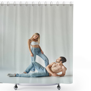 Personality  A Man Lies Beside A Woman On The Ground In A Romantic Embrace, Conveying Love And Intimacy Between The Couple. Shower Curtains