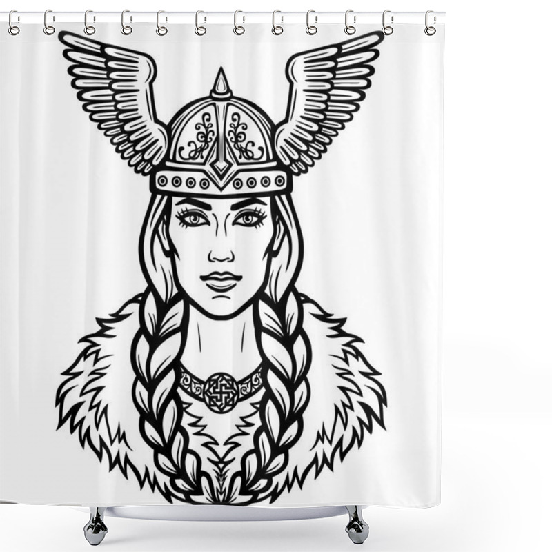Personality  Portrait Of The Beautiful Young Woman Valkyrie In A Winged Helmet. Pagan Goddess, Mythical Character. Linear Black The White Drawing. Vector Illustration Isolated On A White Background. Shower Curtains