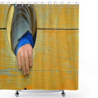 Personality  Hand Of Small Boy In The Old Wooden Hole. Child Concept. Shower Curtains