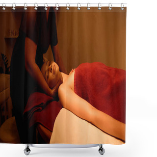 Personality  Client With Closed Eyes Receiving Neck Massage From Masseur In Spa Salon Shower Curtains