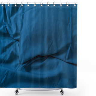 Personality  Bed Linen Of The Blue Classic Color Of The 2020 Year.  Concept Of The Color Of The Year With Copy Space. The Texture Of The Fabric. Shower Curtains