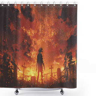 Personality  Zombie Walking In The Burnt Cemetery Shower Curtains