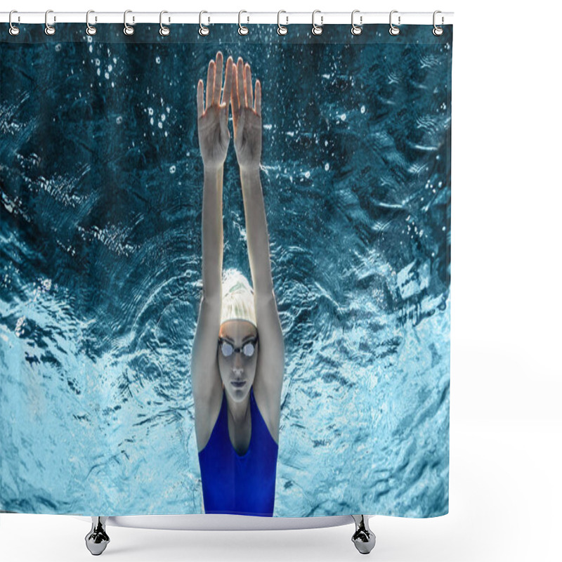 Personality  underwater picture of female swimmer in swimming suit and goggles training in swimming pool shower curtains