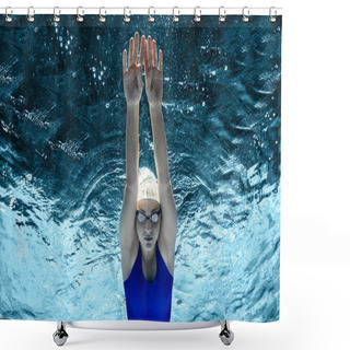 Personality  Underwater Picture Of Female Swimmer In Swimming Suit And Goggles Training In Swimming Pool Shower Curtains